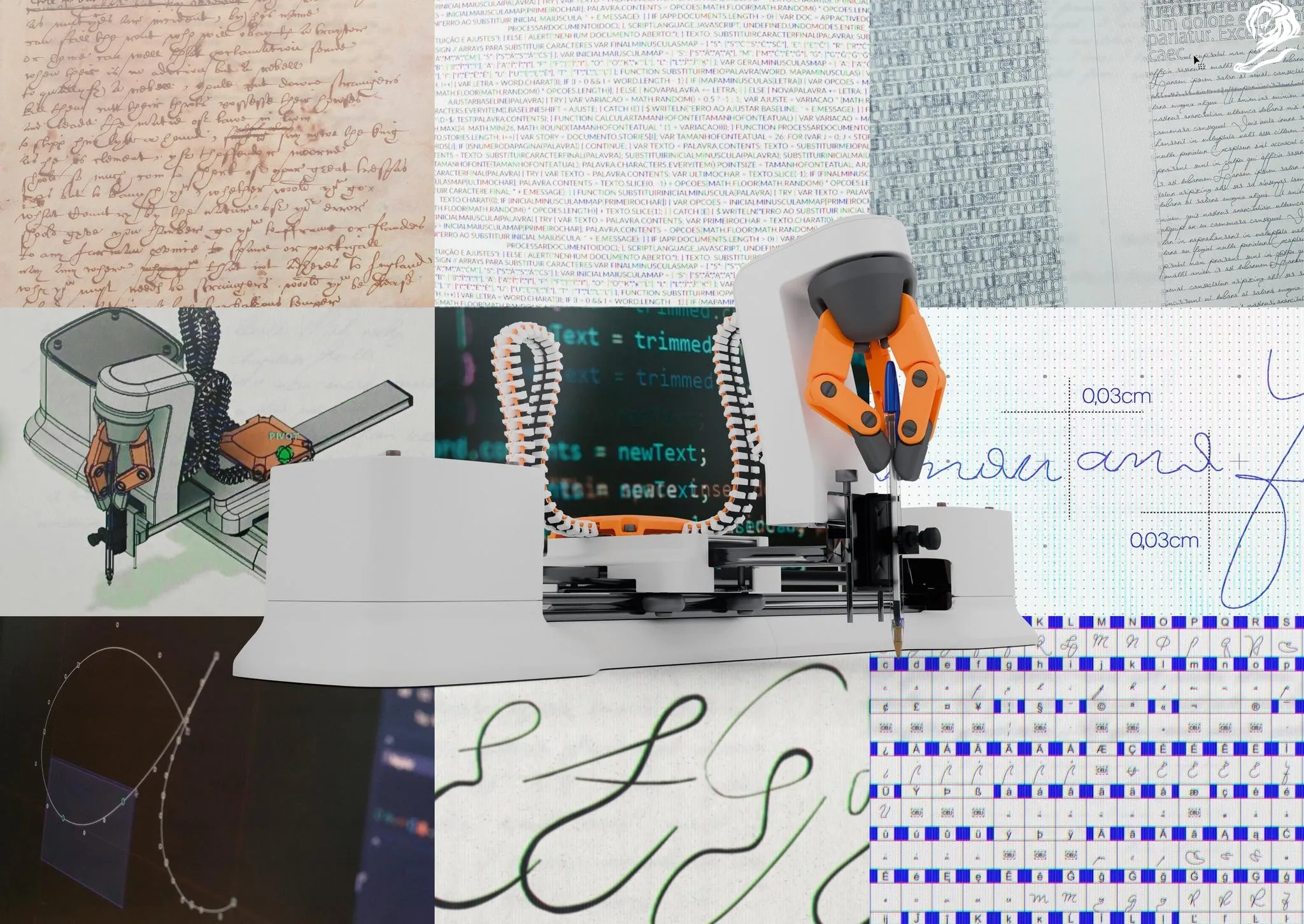 Um painel de processo com análise do manuscrito, software, variações de letras, caminhos robóticos e a máquina de escrita configurada.